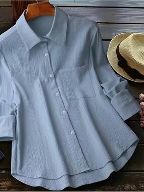 NEW Sky Blue Textured Button-Up Shirt, Elegant Long Sleeve